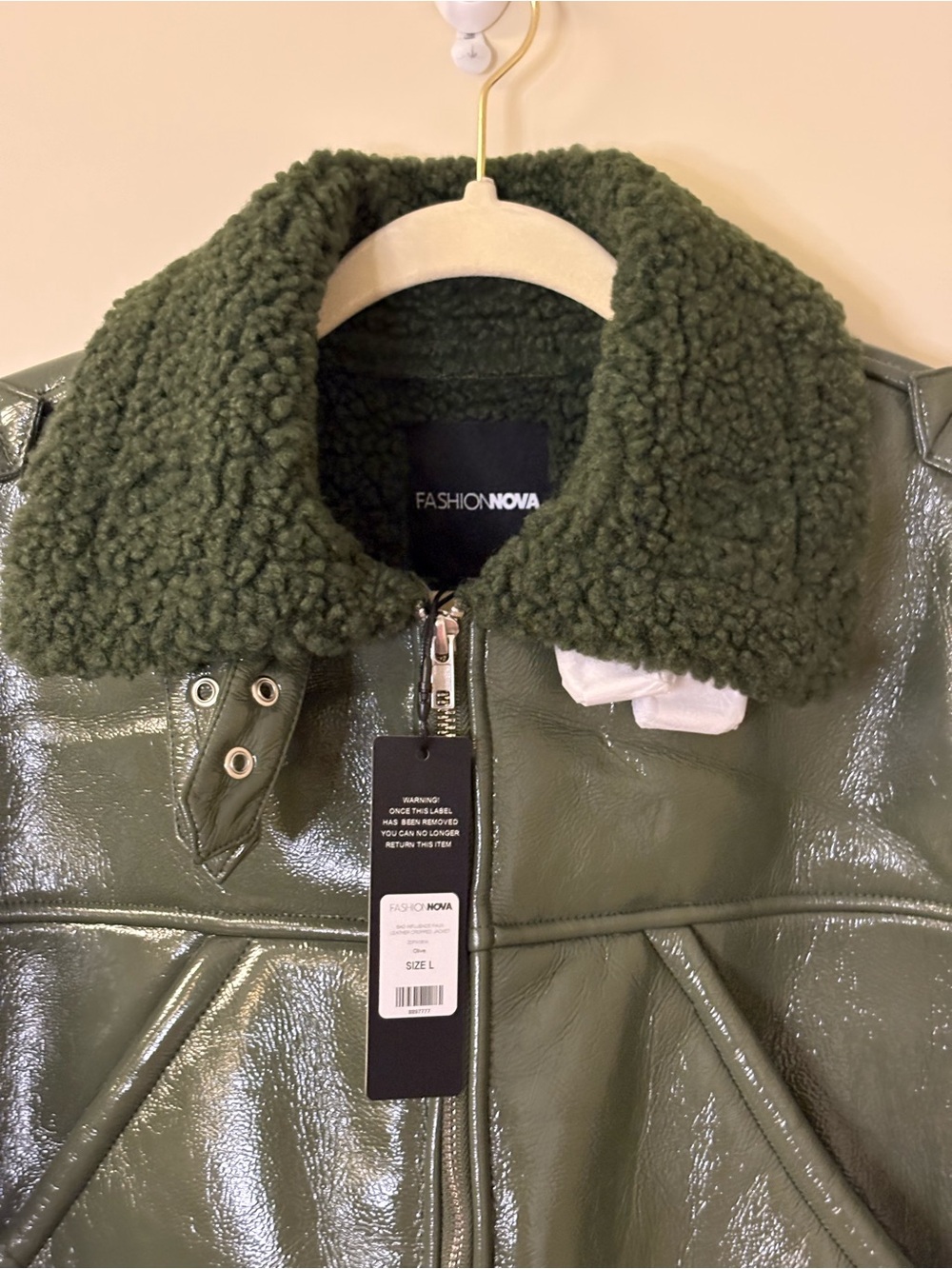 NWT Fashion Nova Green Cropped Faux Leather Bomber Jacket w/Faux Fur Trim SZ L - Picture 7 of 16